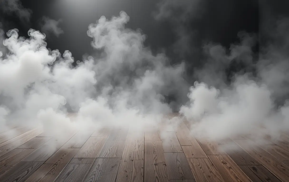 White smoke drifting over a dark wooden floor interior