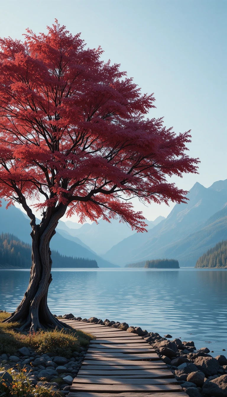 Alter Baum mit Blick auf Bergsee unter klarem blauen Himmel