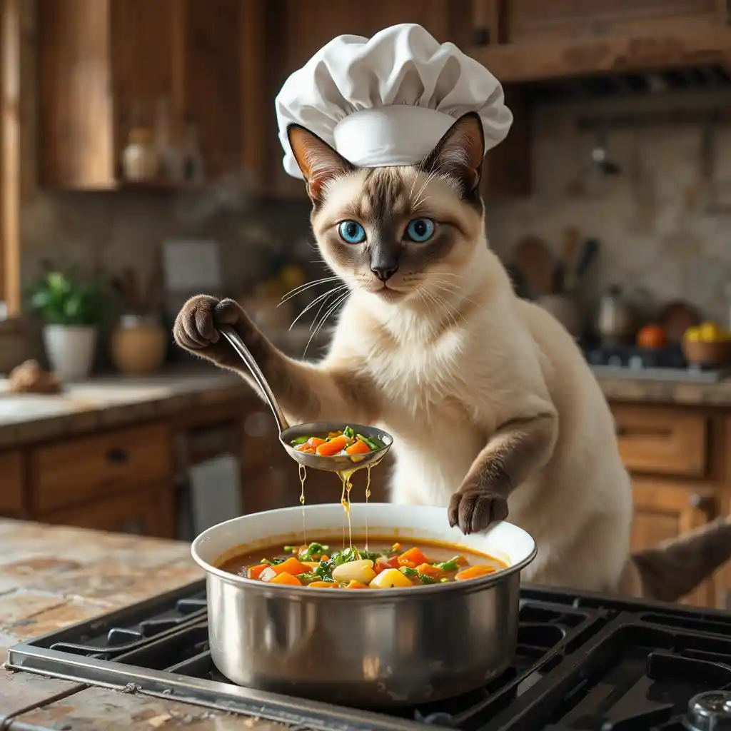 Gato siamés chef sirviendo sopa de verduras caliente en la cocina