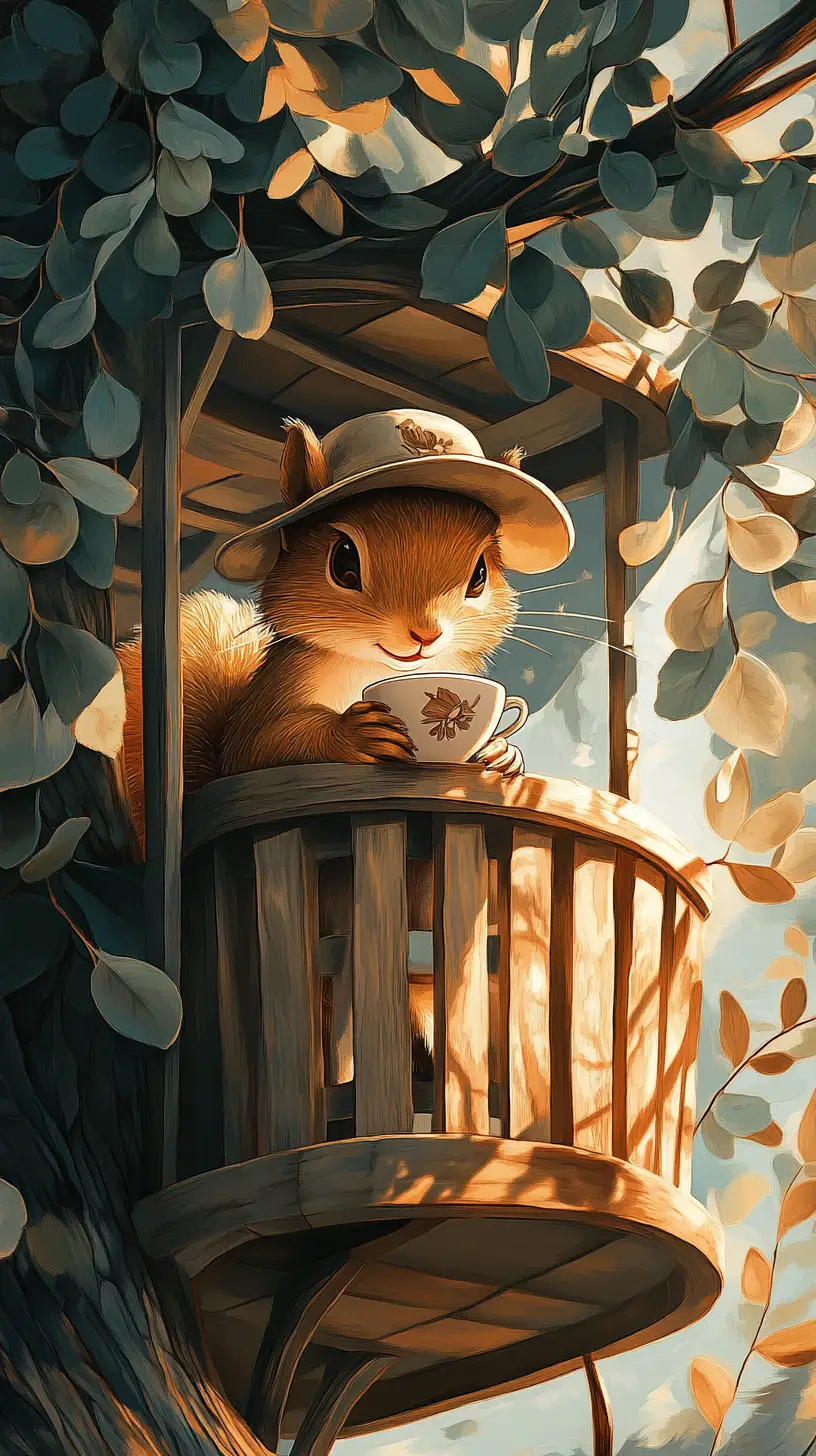 Cute squirrel drinking tea on a cozy treehouse balcony