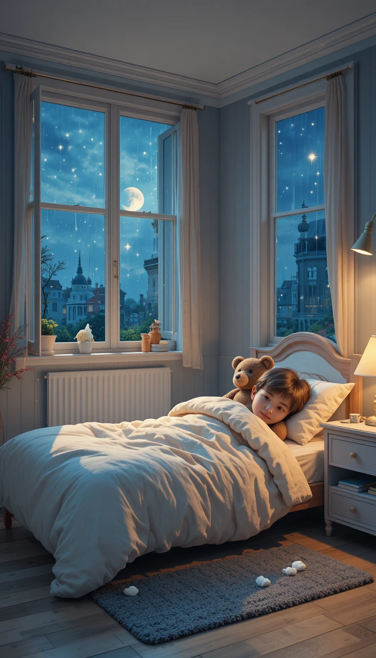 Bambino che dorme in una camera da letto al chiaro di luna con la soffusa luce della lampada da comodino