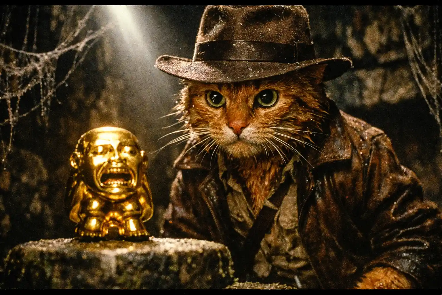 Rugged orange tabby cat explorer with golden idol