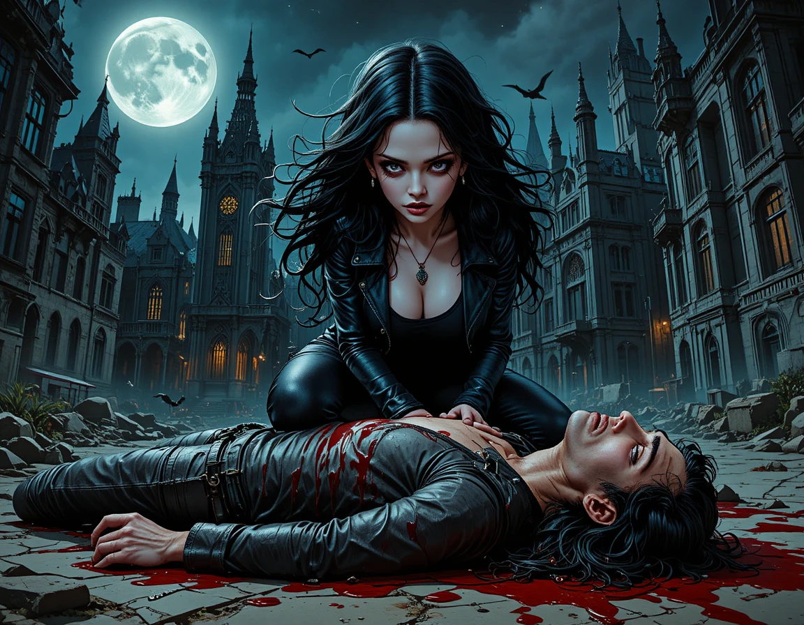 Fierce woman over fallen man under a gothic moon