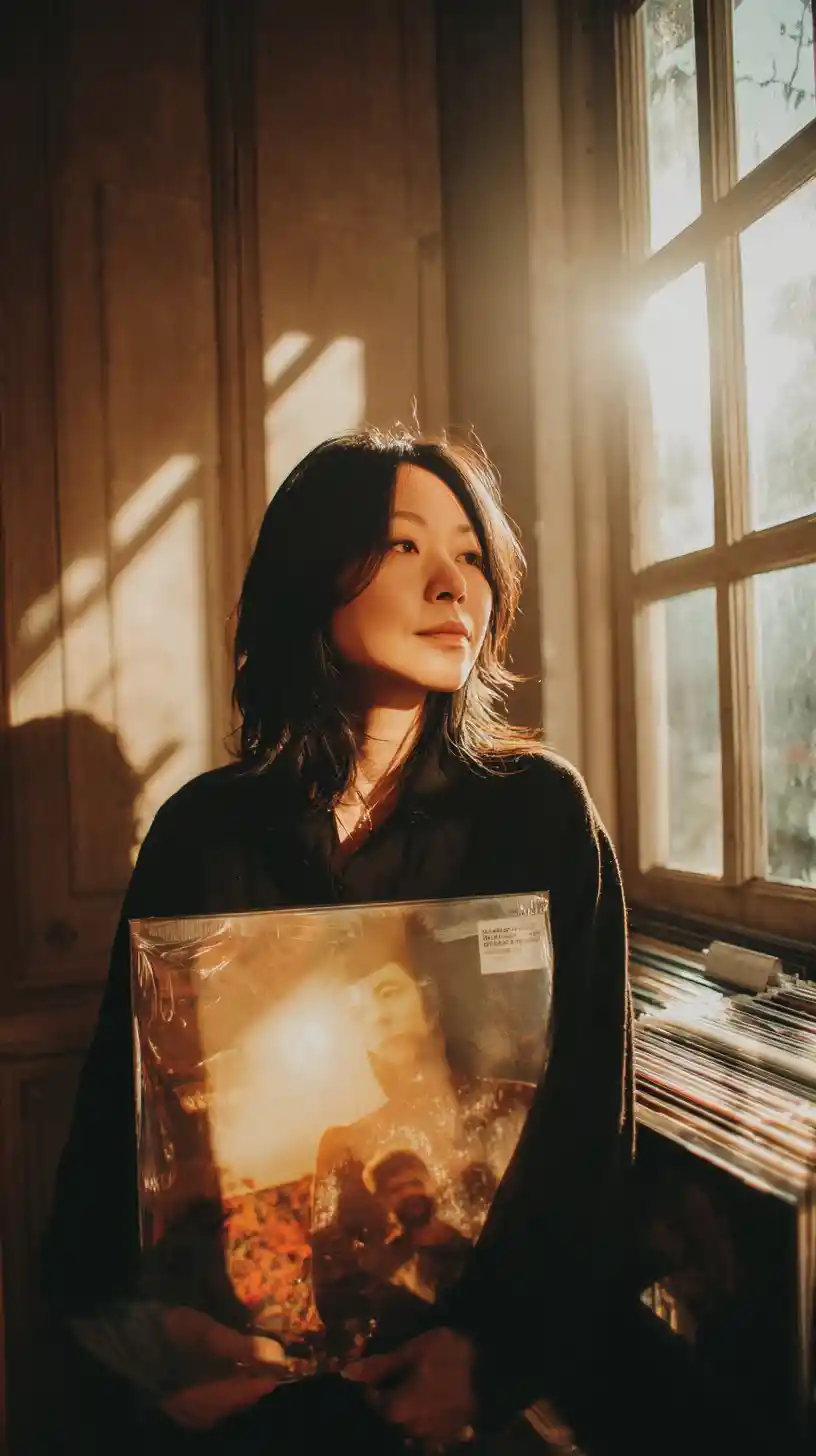 Asian woman browsing vinyl records in warm sunlight