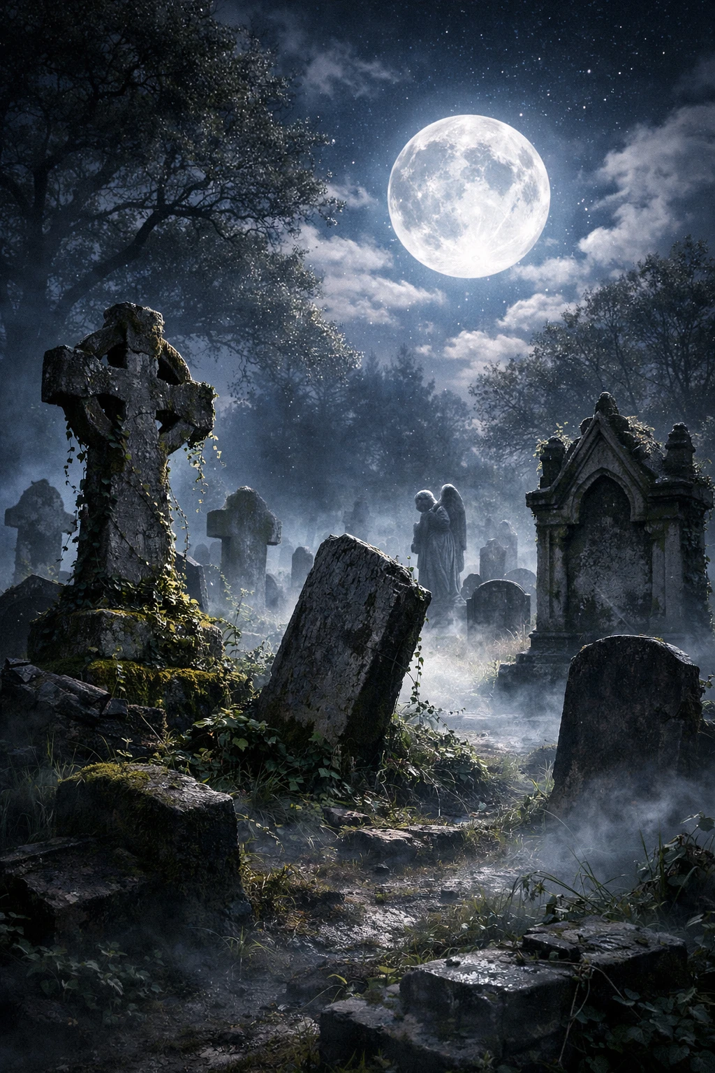 Cementerio etéreo a la luz de la luna con niebla y antiguas lápidas