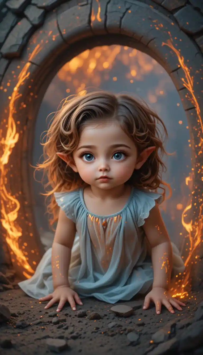 Elf baby girl crawling from portal as her world burns