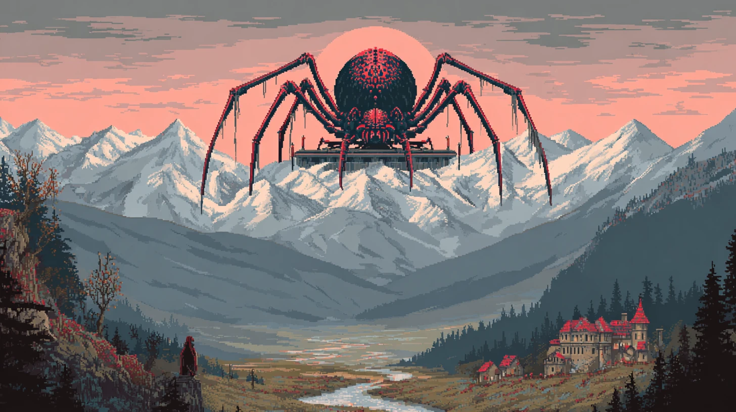 Colossal spider god on a flat topped mountain throne