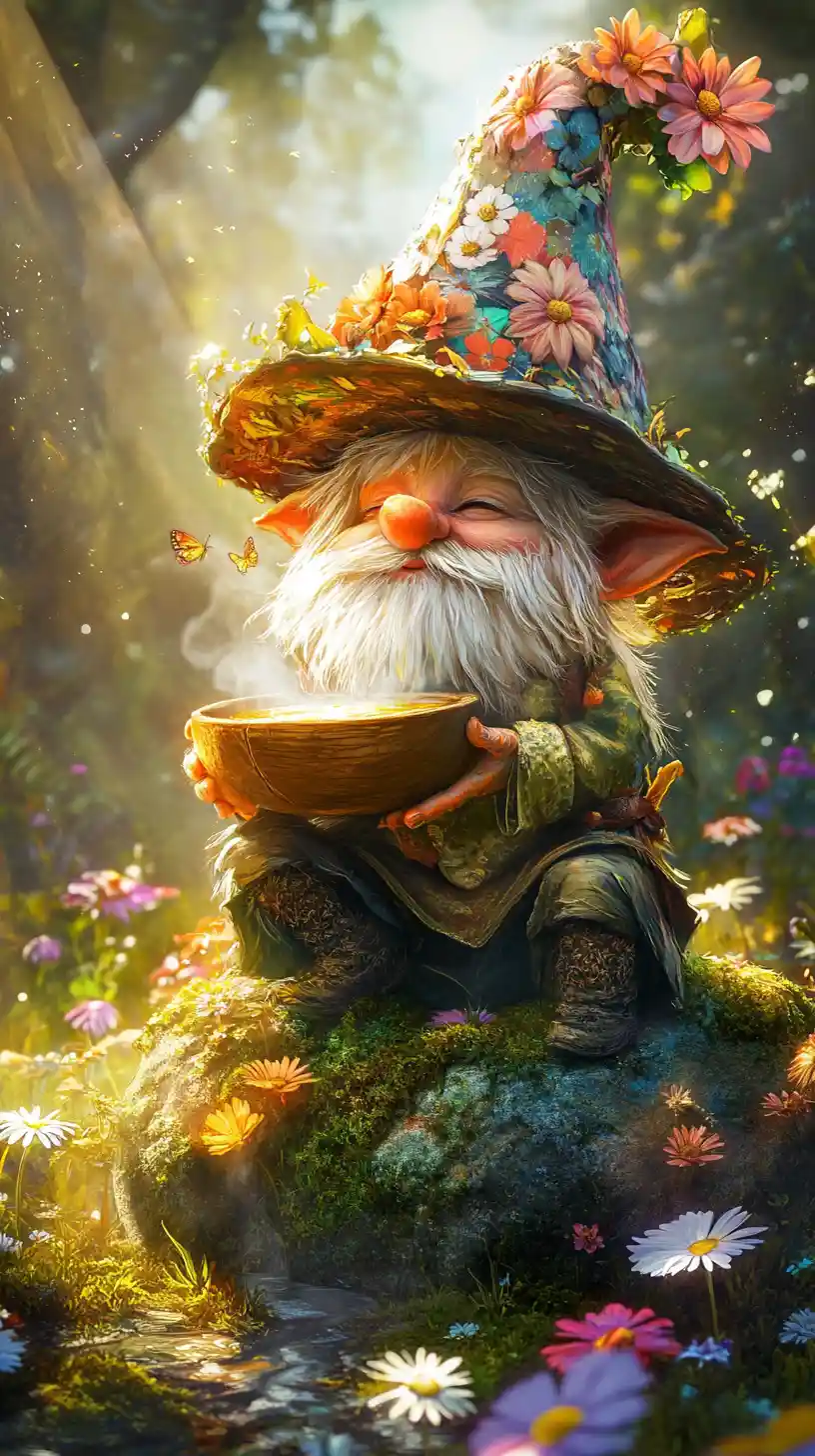 Garden gnome sipping soup in a magical flower meadow
