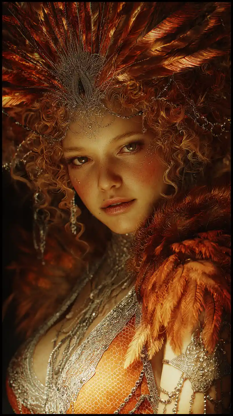 Hyperrealistic Firebird Girl In Ornate Diamond Art Deco Outfit