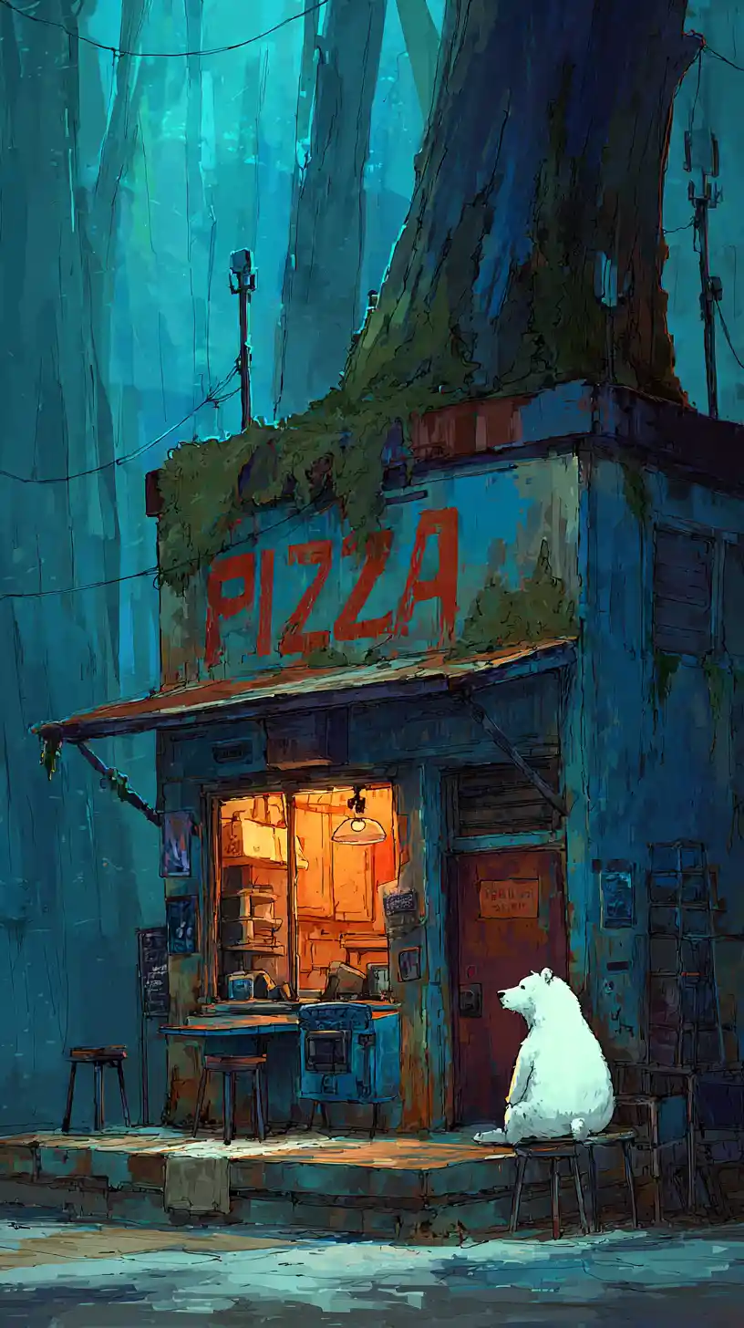 Solitaria pizzeria blu in una foresta nebbiosa al crepuscolo