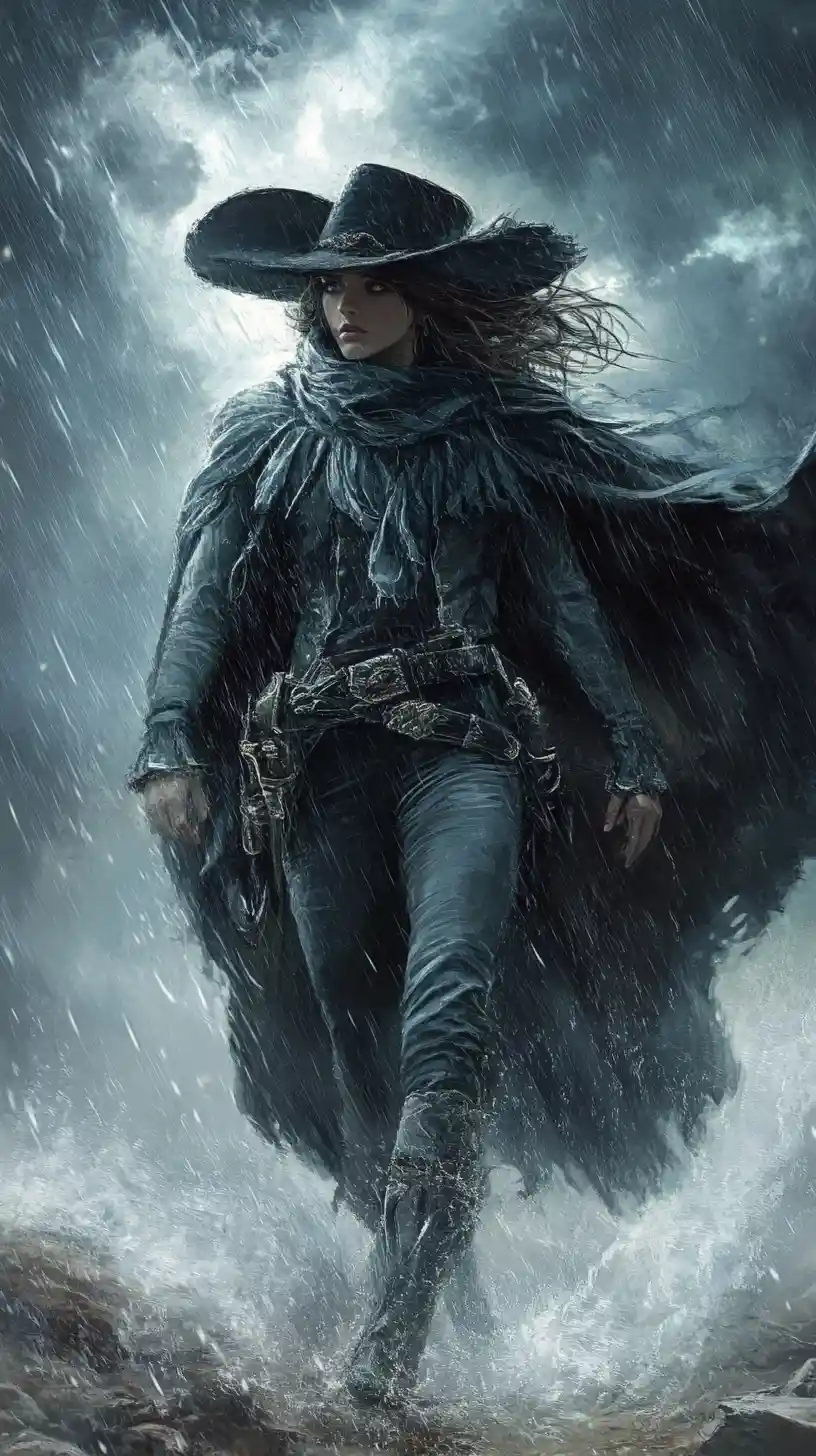 Fearless female bullfighter walking forward in a storm