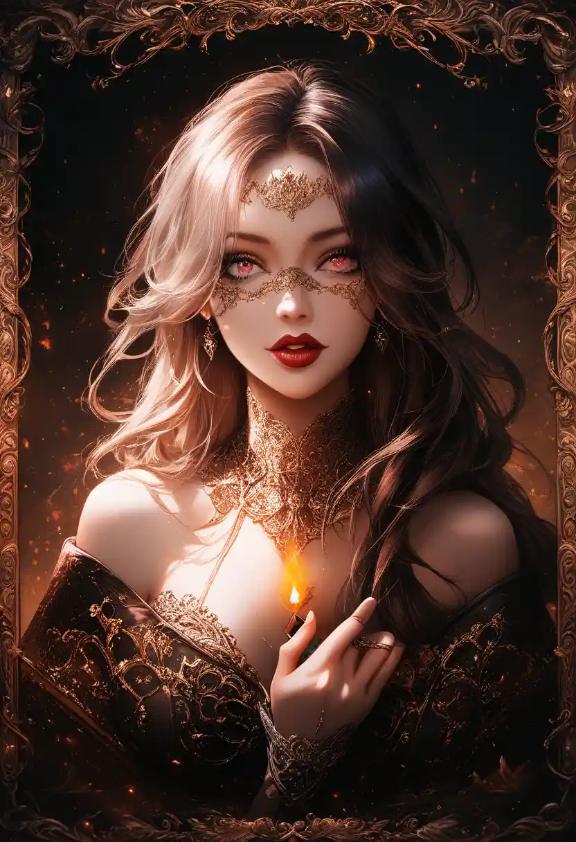 Gothic masked woman in a candlelit victorian ballroom