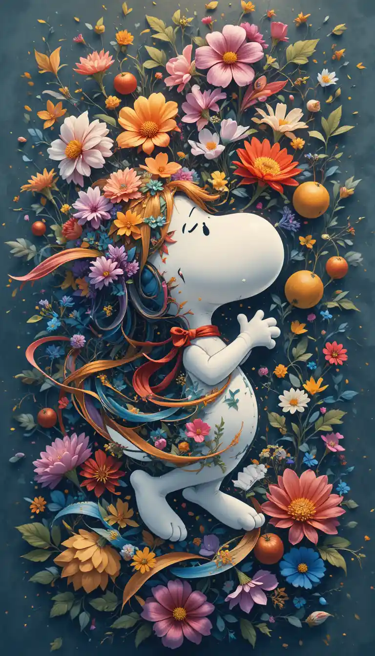 Dynamic cartoon dog surrounded by floral motion lines
