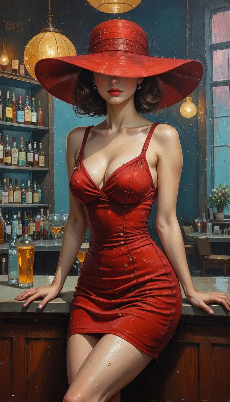 Woman in red hat sitting on a 1960s bar counter
