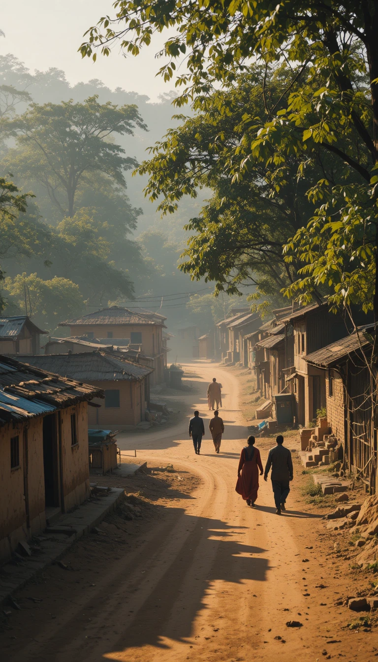 Peaceful Indian village morning with mud houses and trees