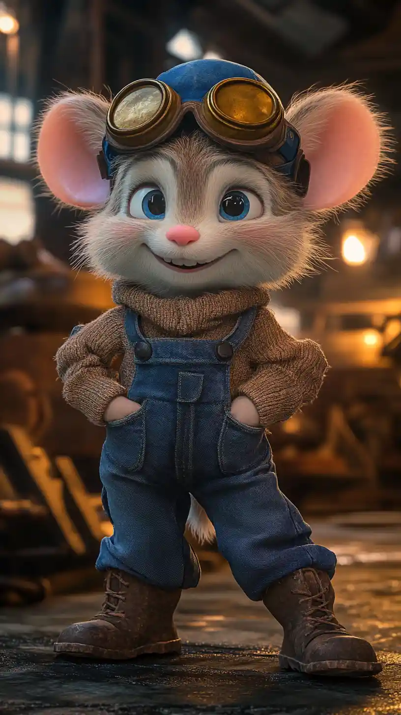 Anthropomorphic mouse in aviator cap in a cozy workshop