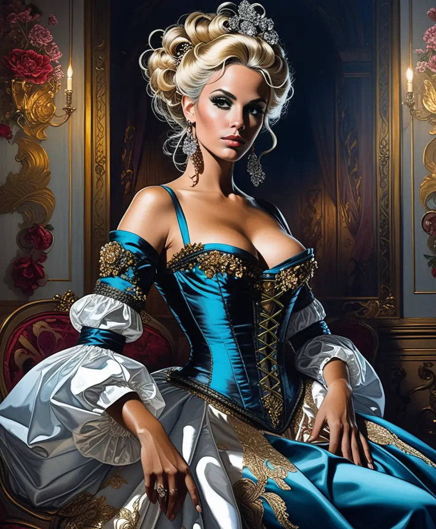 Rococo courtesan painting at an opulent baroque chamber