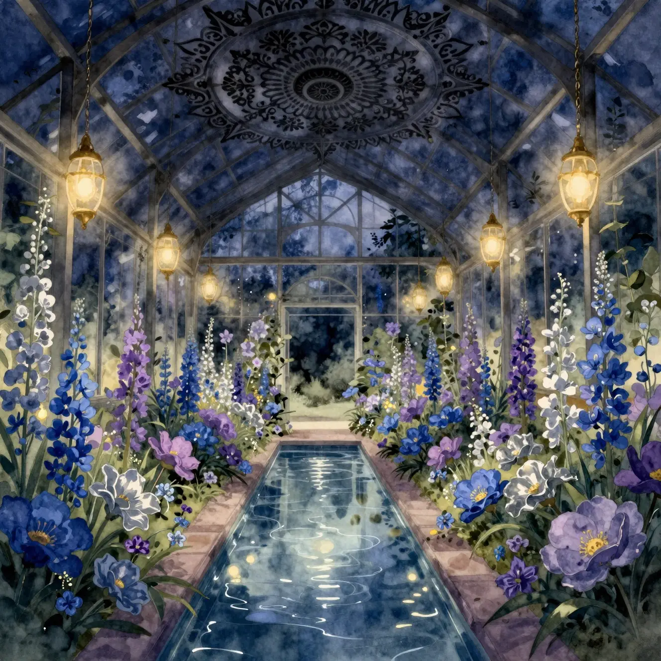 Enchanted Greenhouse With Glowing Blue And Violet Flowers