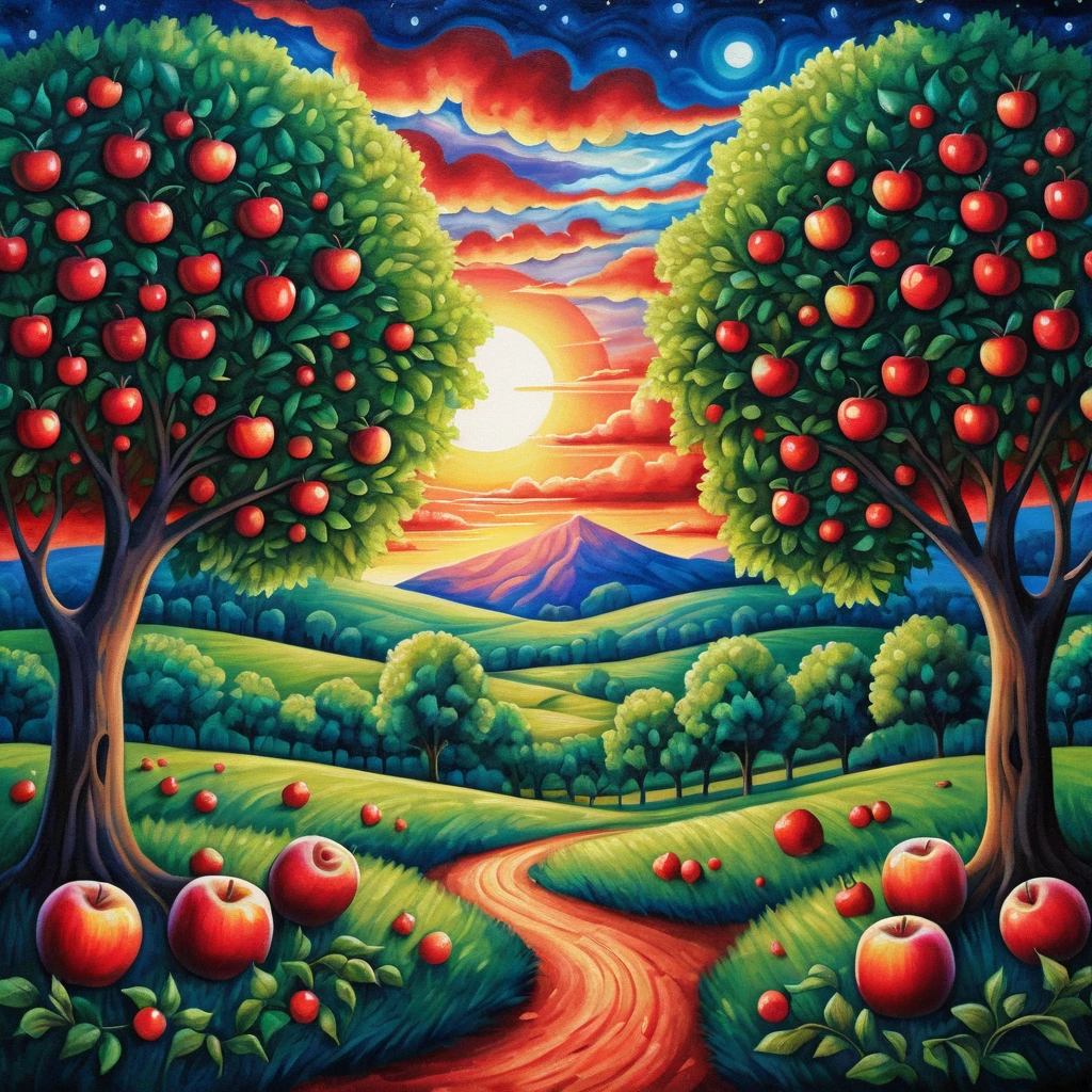 Campo surreal al atardecer con manzanos centrales en colores vivos
