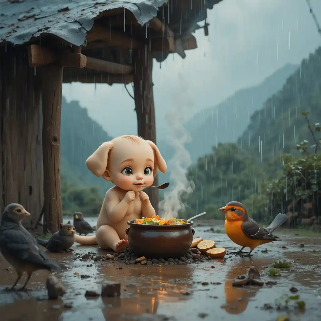 Adorable cachorro cocinando bajo un techo roto bajo la lluvia suave