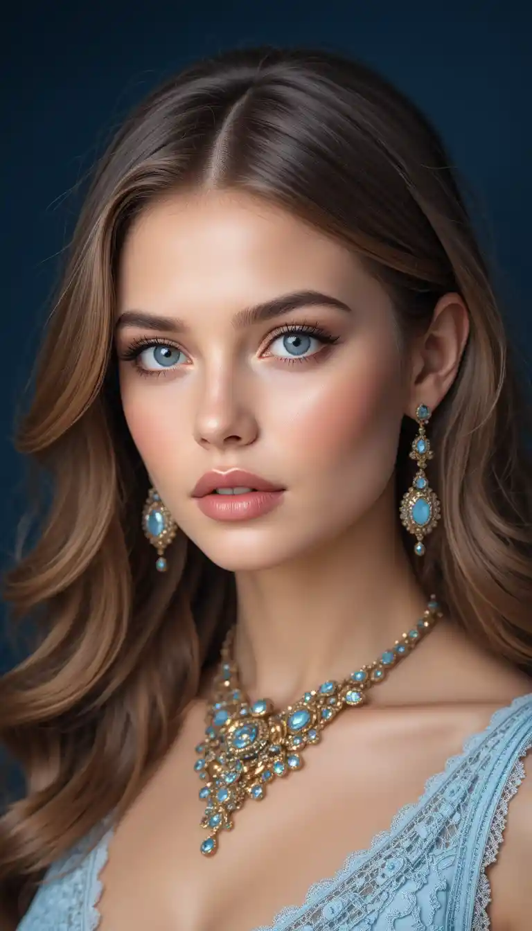 Donna elegante con occhi azzurri in ritratto con collana di gioielli