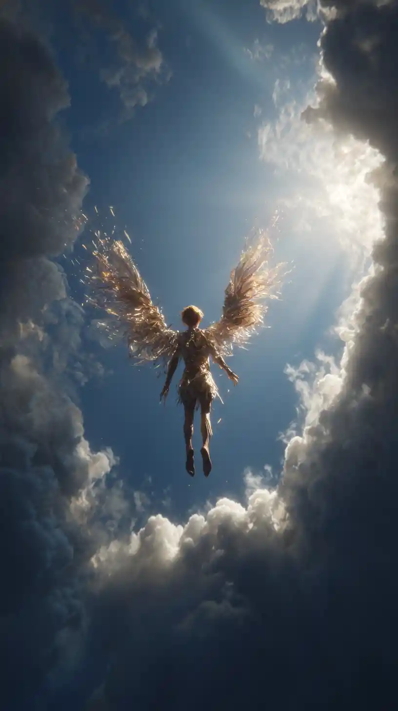 Lone winged figure ascending toward the glowing sun