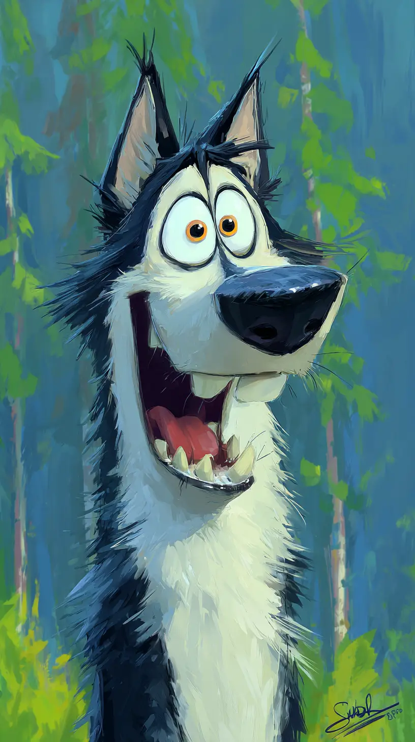 Goofy cartoon husky smiling in a bright forest