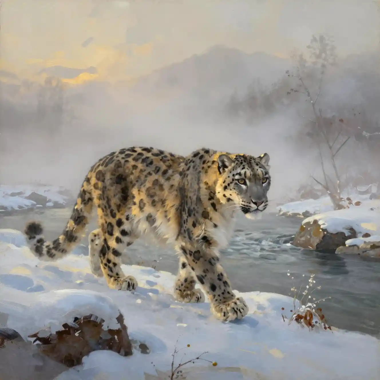 Snow leopard walking along a misty winter riverbank