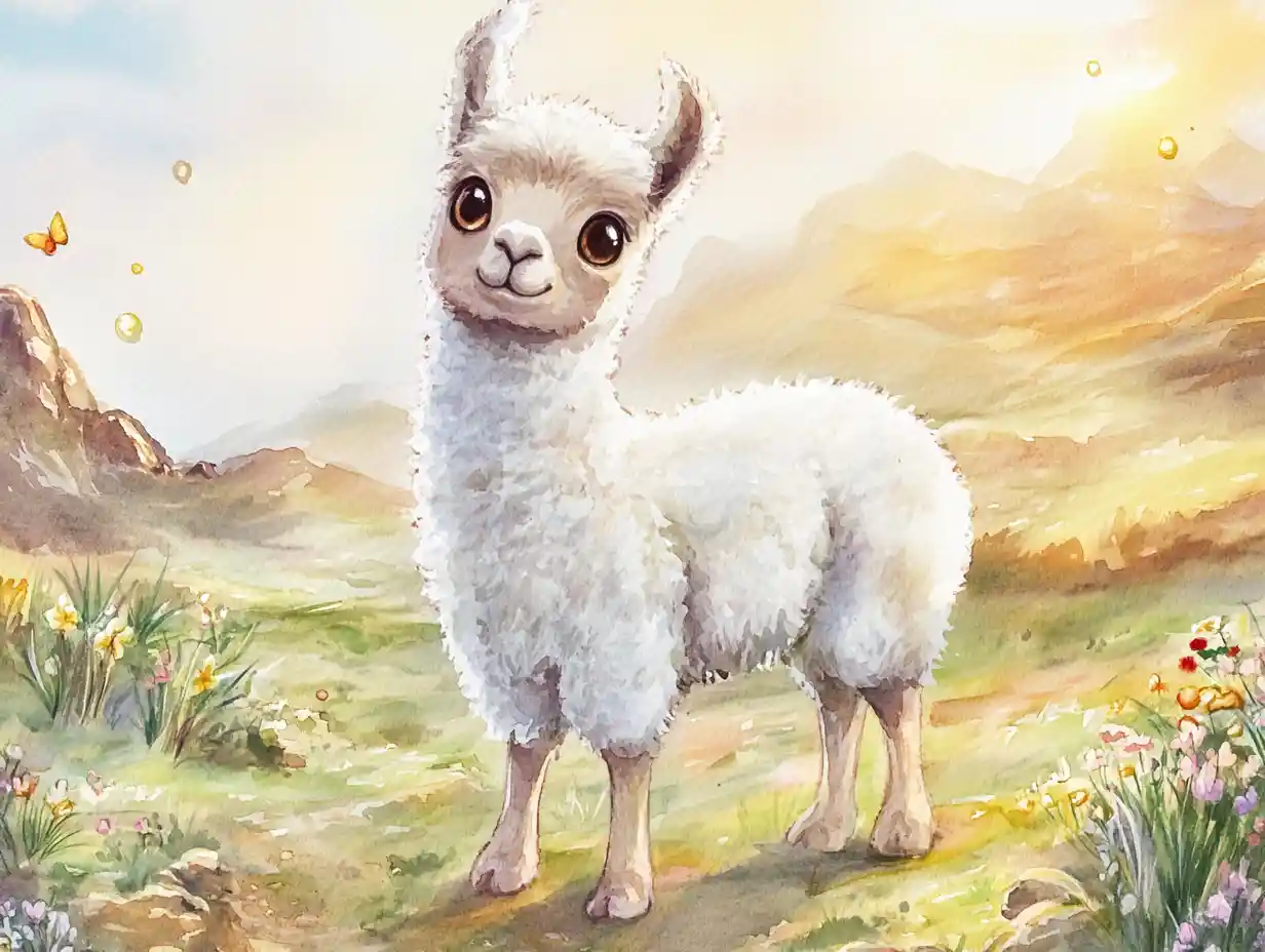 陽光差し込む山の草原の愛らしい赤ちゃんラマの水彩画