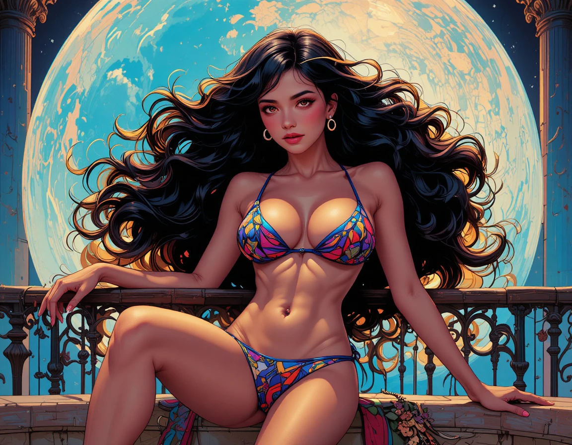 Winged demon woman resting against an elegant balcony