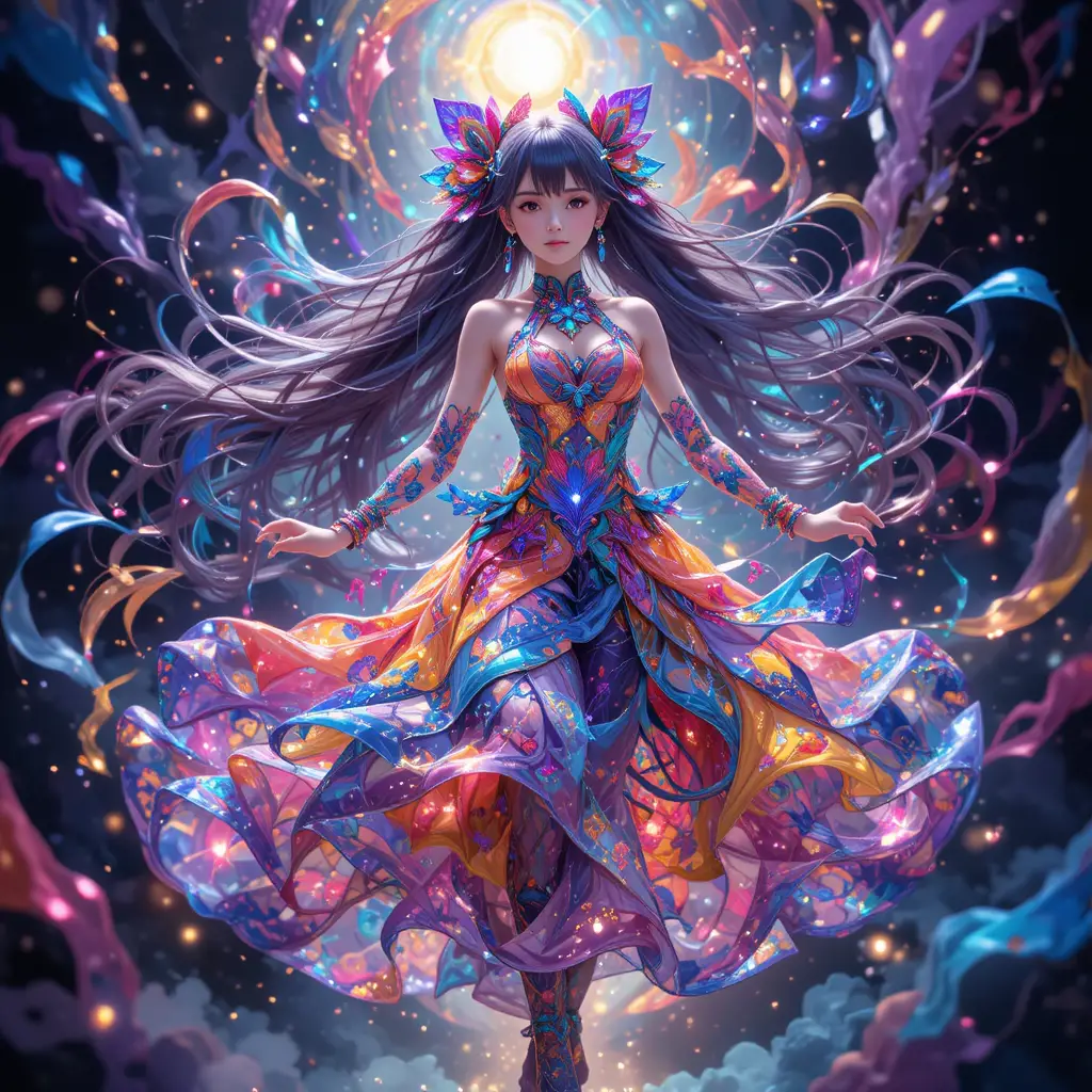 Anime girl dancing in swirling colorful abstract lights