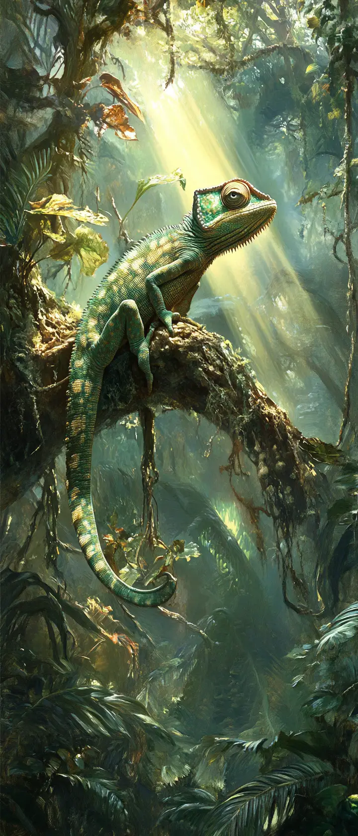 Chameleon Resting High In A Jungle Tree With Dramatic Light
