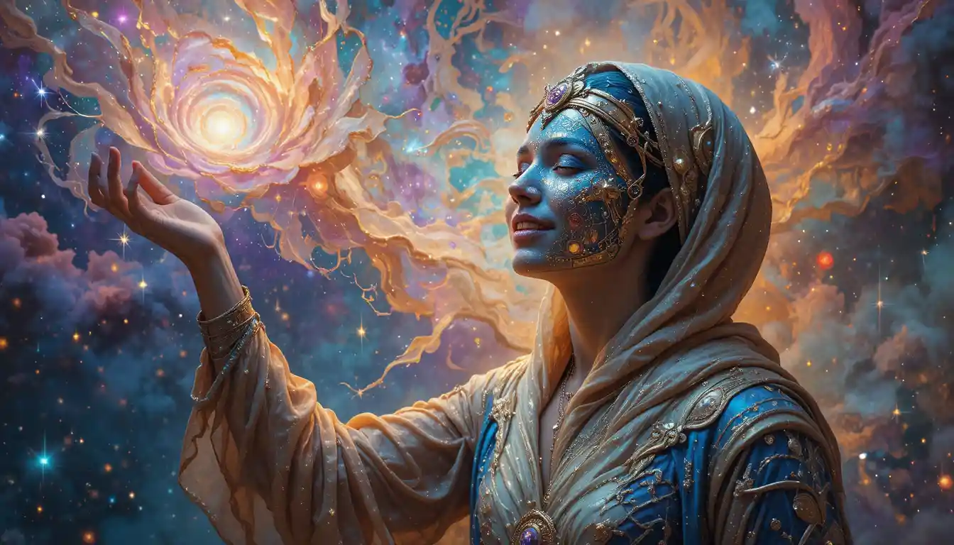 Joyful cosmic wanderer reaching toward a blooming nebula