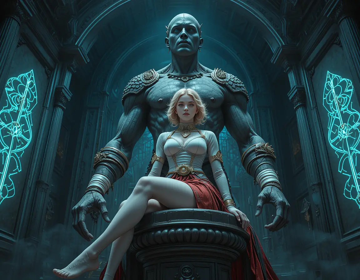 Blonde girl relaxing on pedestal in mysterious stone hall