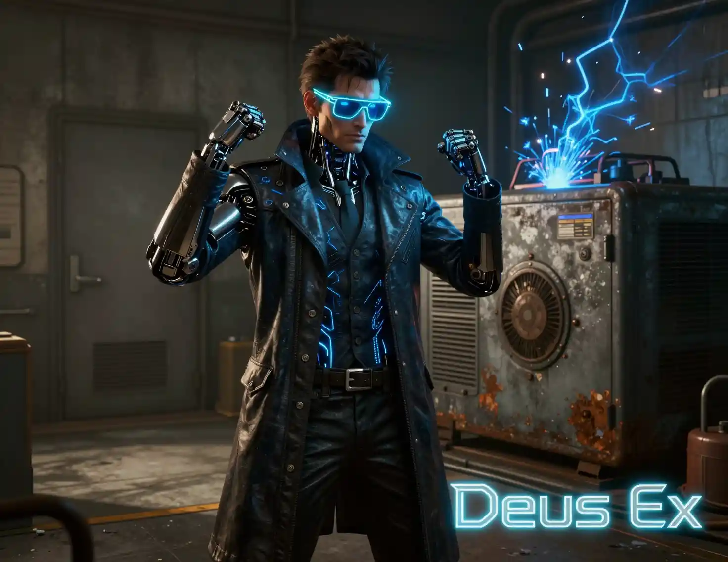 Cyberpunk detective with neon cybernetics in industrial room