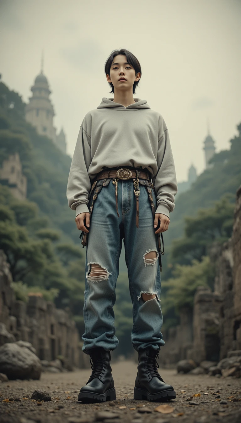 Young man in hybrid korean streetwear and combat boots