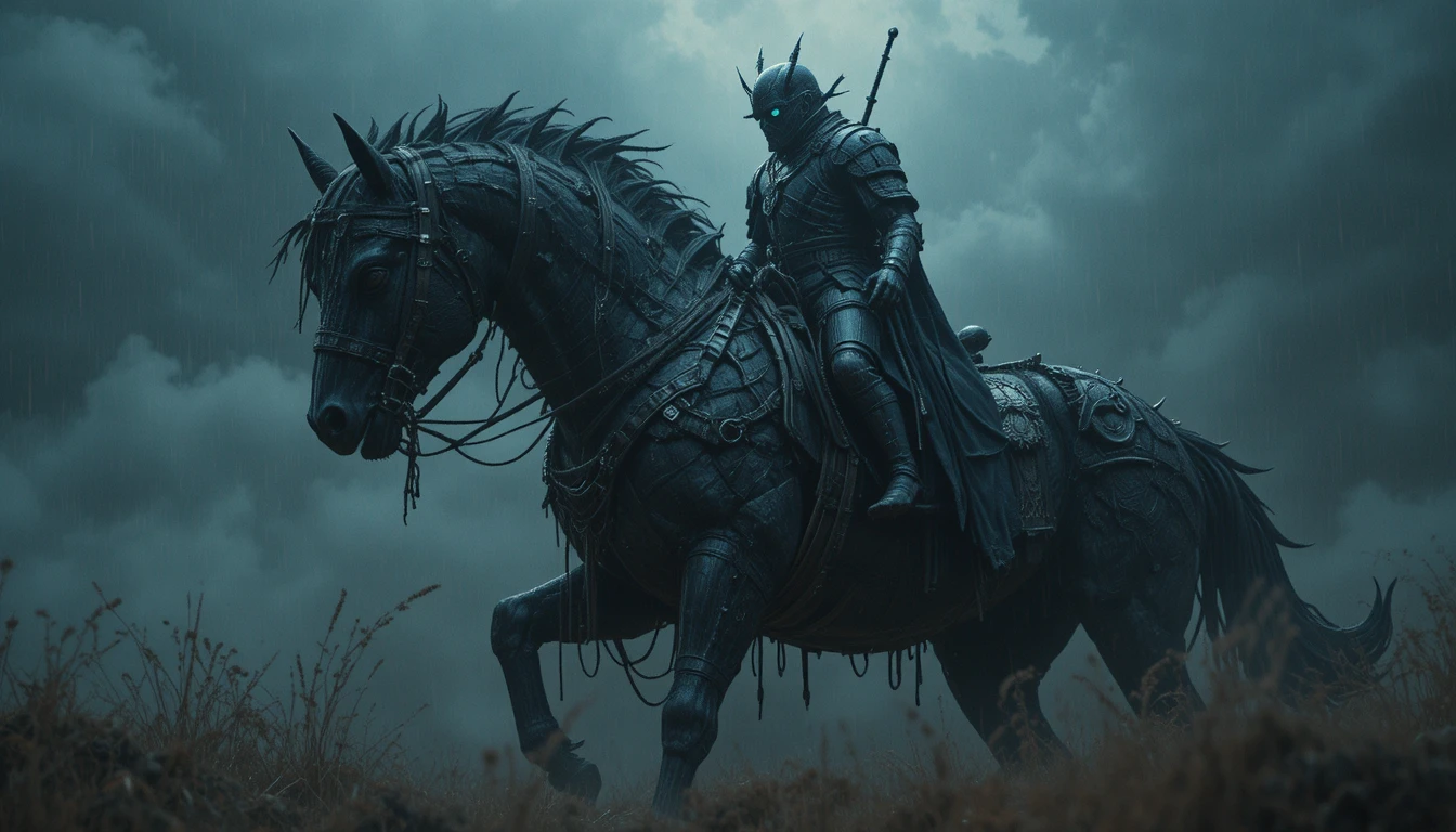 Terrifying armored rider on a monstrous horse in darkness