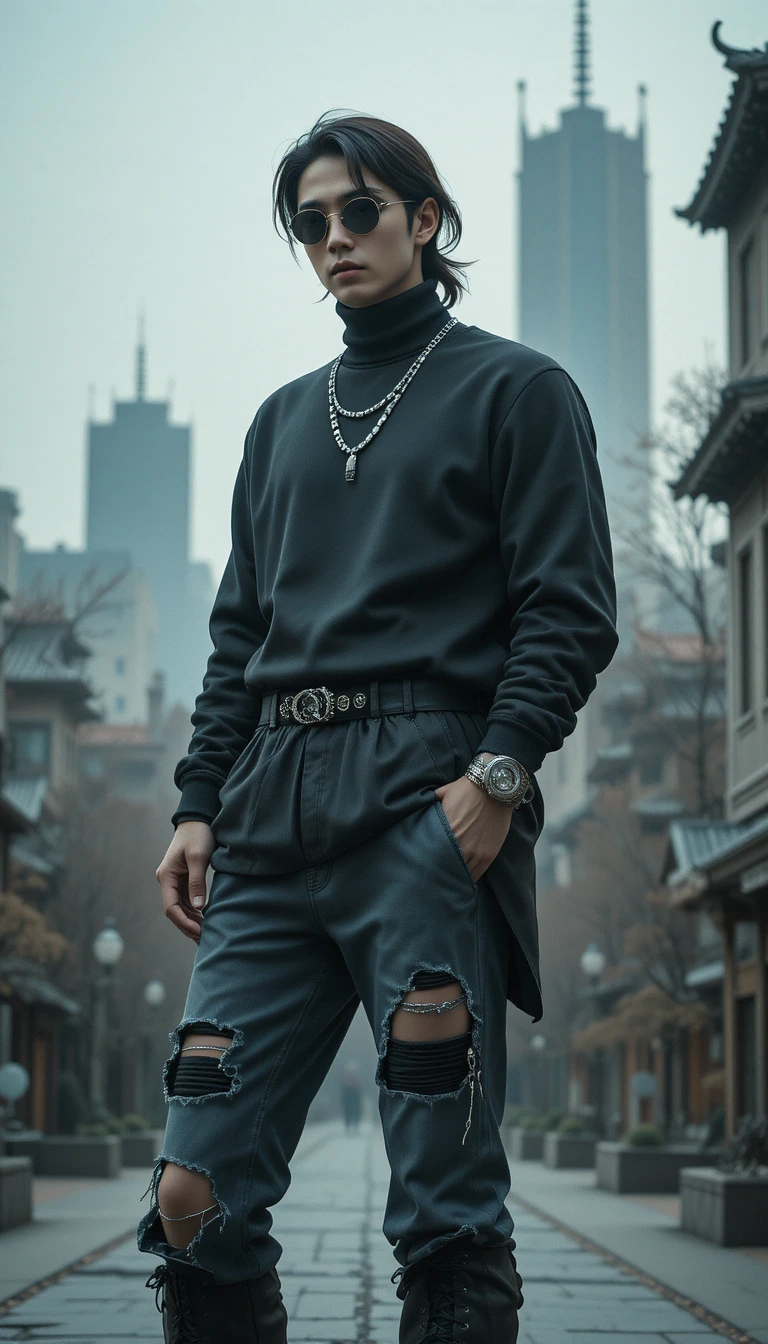 Stylish young man in soft focus urban cityscape