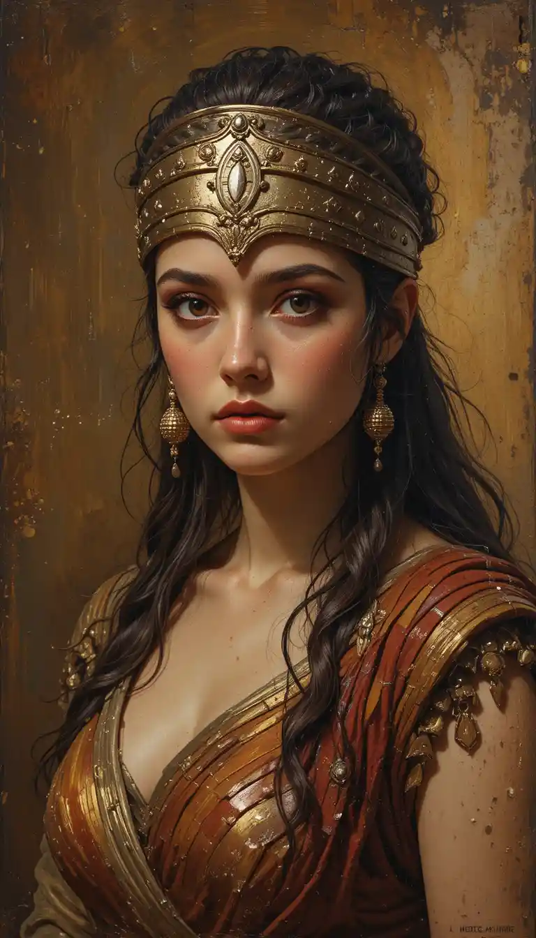 Retrato de garota guerreira romana em pintura a óleo dourada