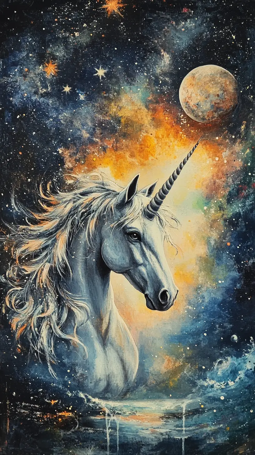 Majestic unicorn portrait in a magical cosmic sky