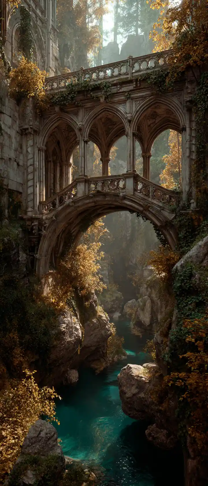 Gothic stone bridge over a turquoise river gorge