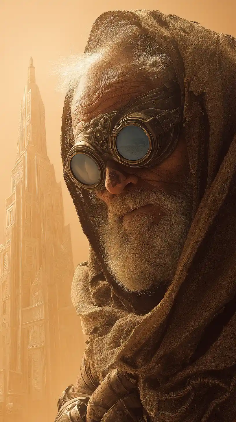 Anciano en un desierto frente a una ciudad futurista de estilo años 30