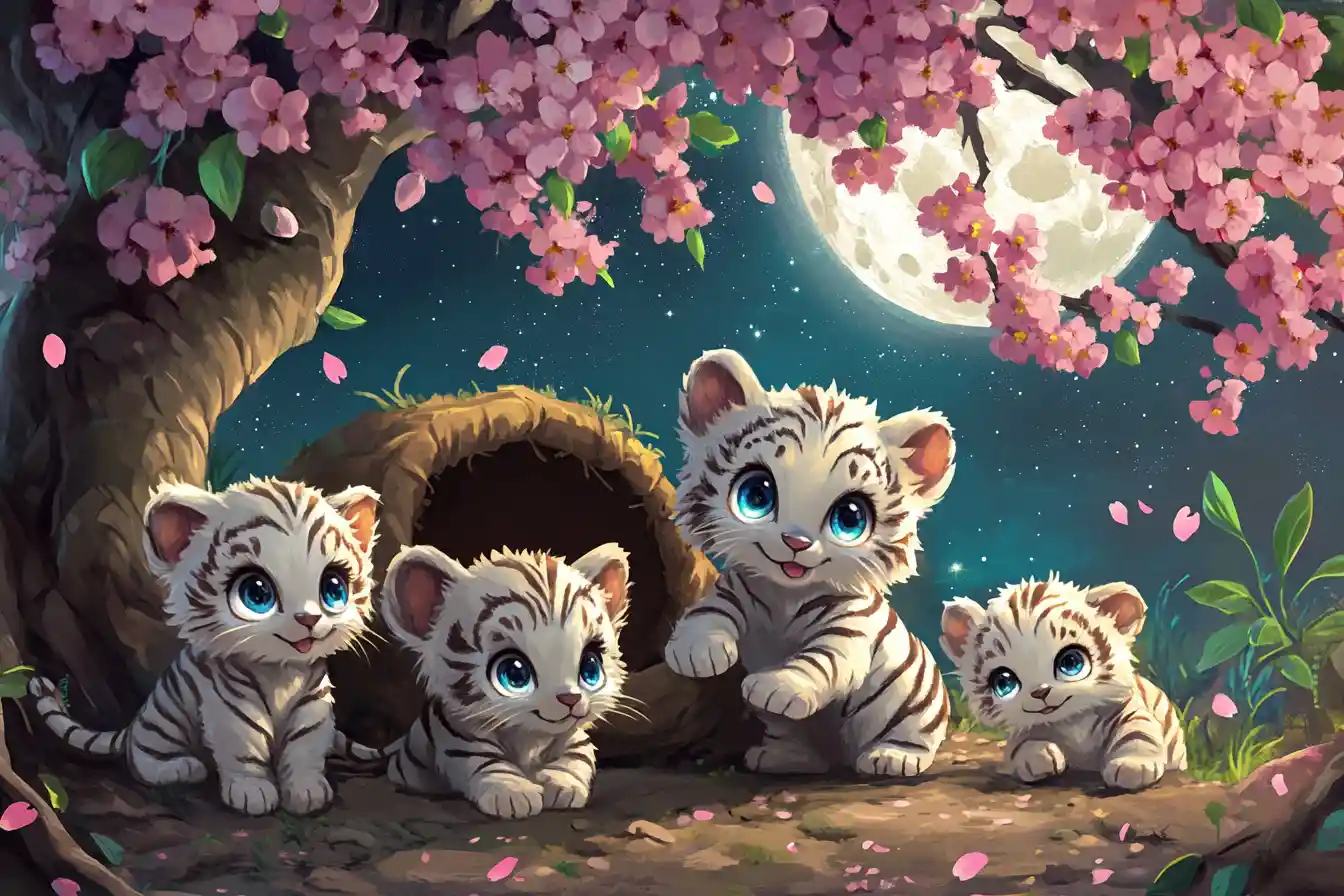Chibi White Tiger Cubs Playing Under Cherry Blossoms