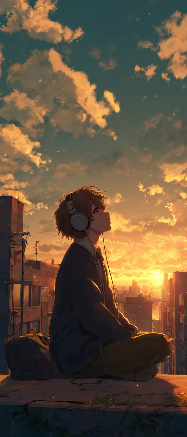 Teenage boy on school rooftop at golden sunset