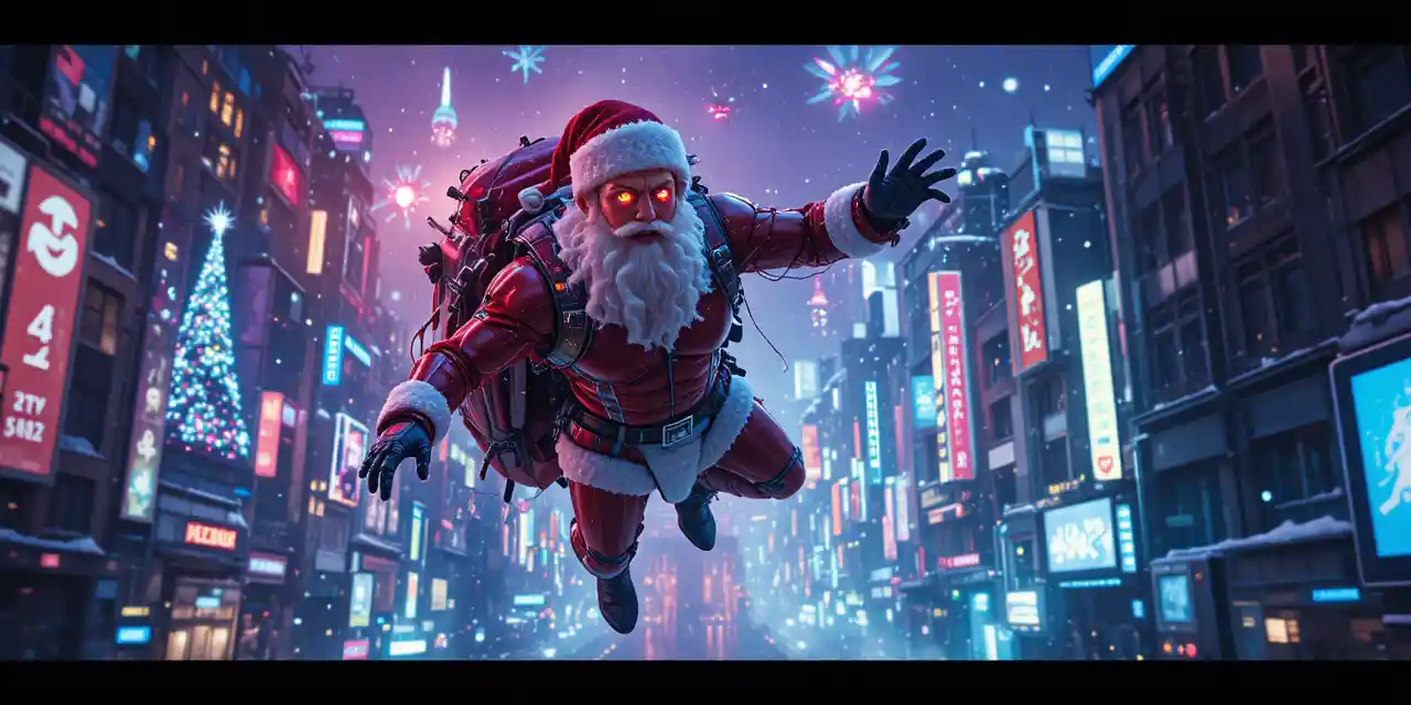 Babbo Natale cibernetico che vola sopra una città futuristica al neon