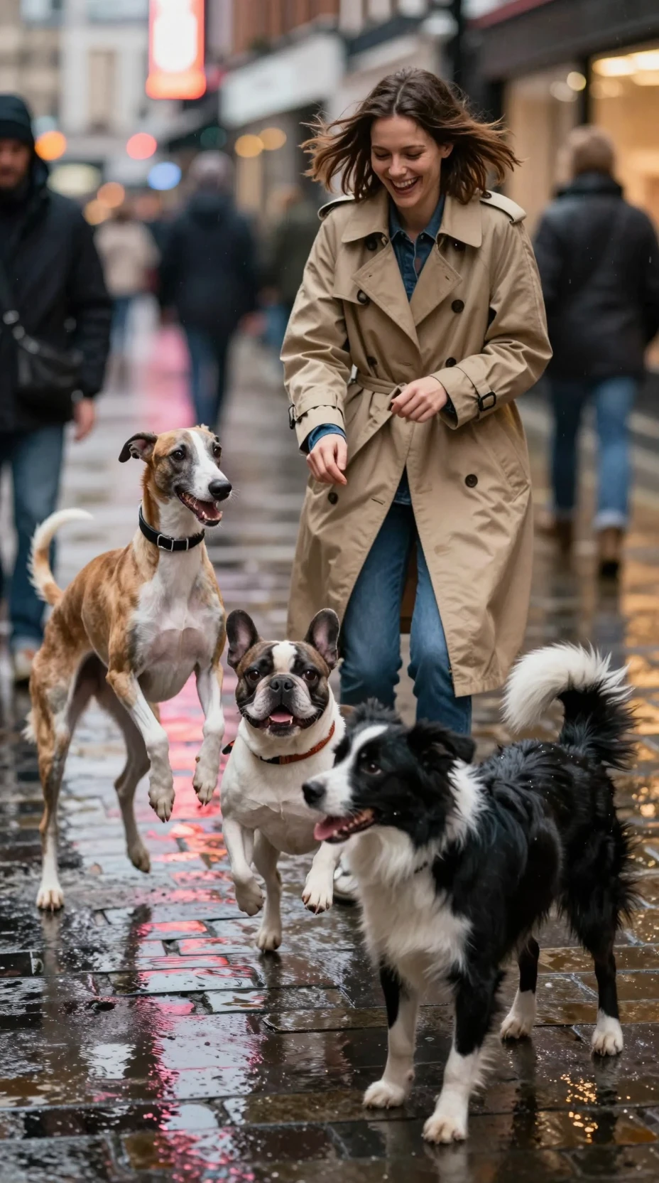 Woman Laughing With Three Dogs On Rainy London Street