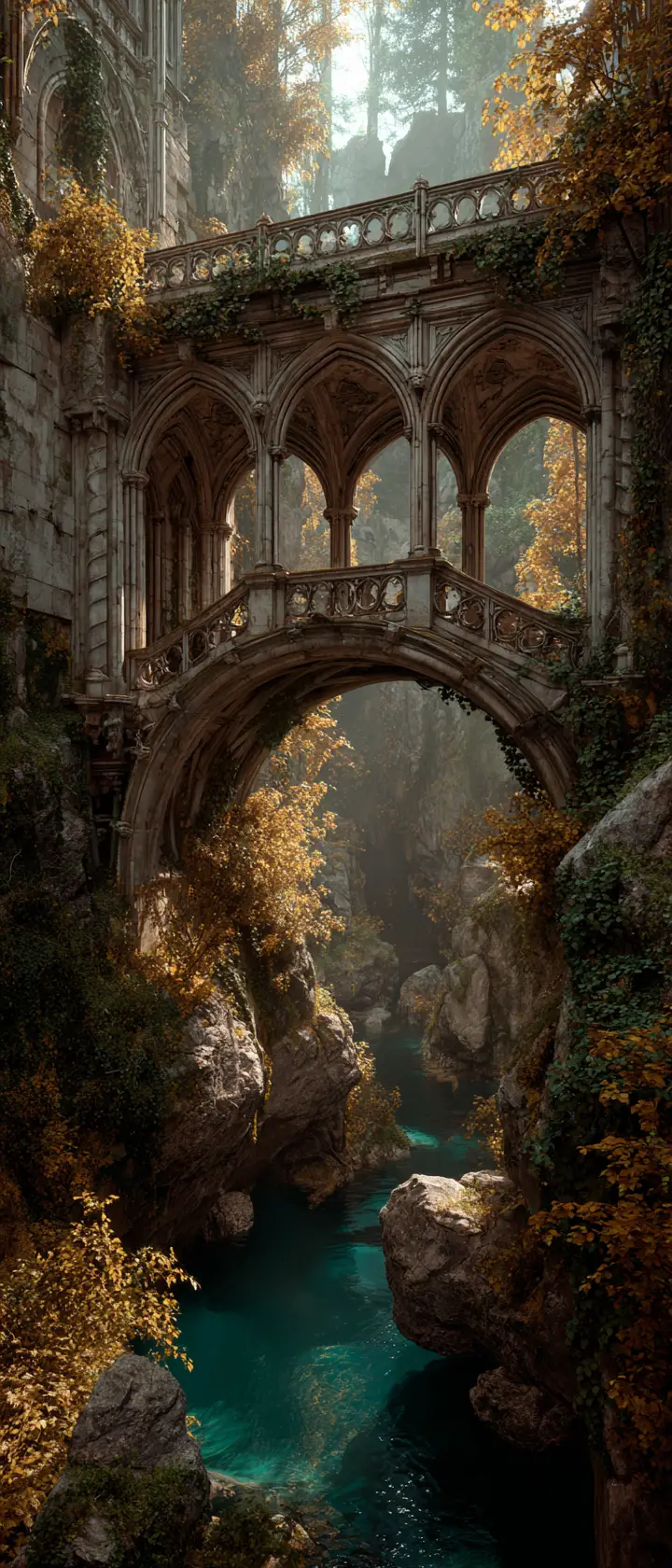 Gothic stone bridge over a turquoise river gorge