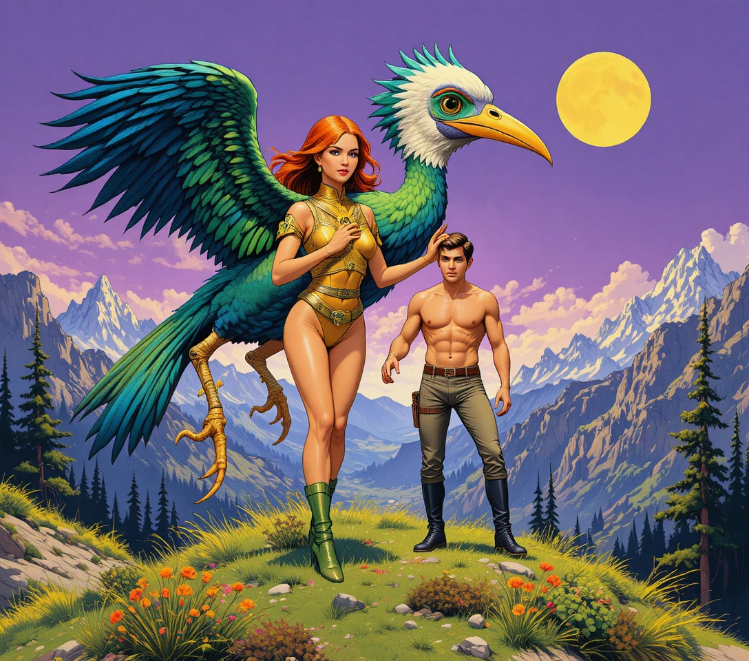 Retro sci fi warrior woman riding exotic bird