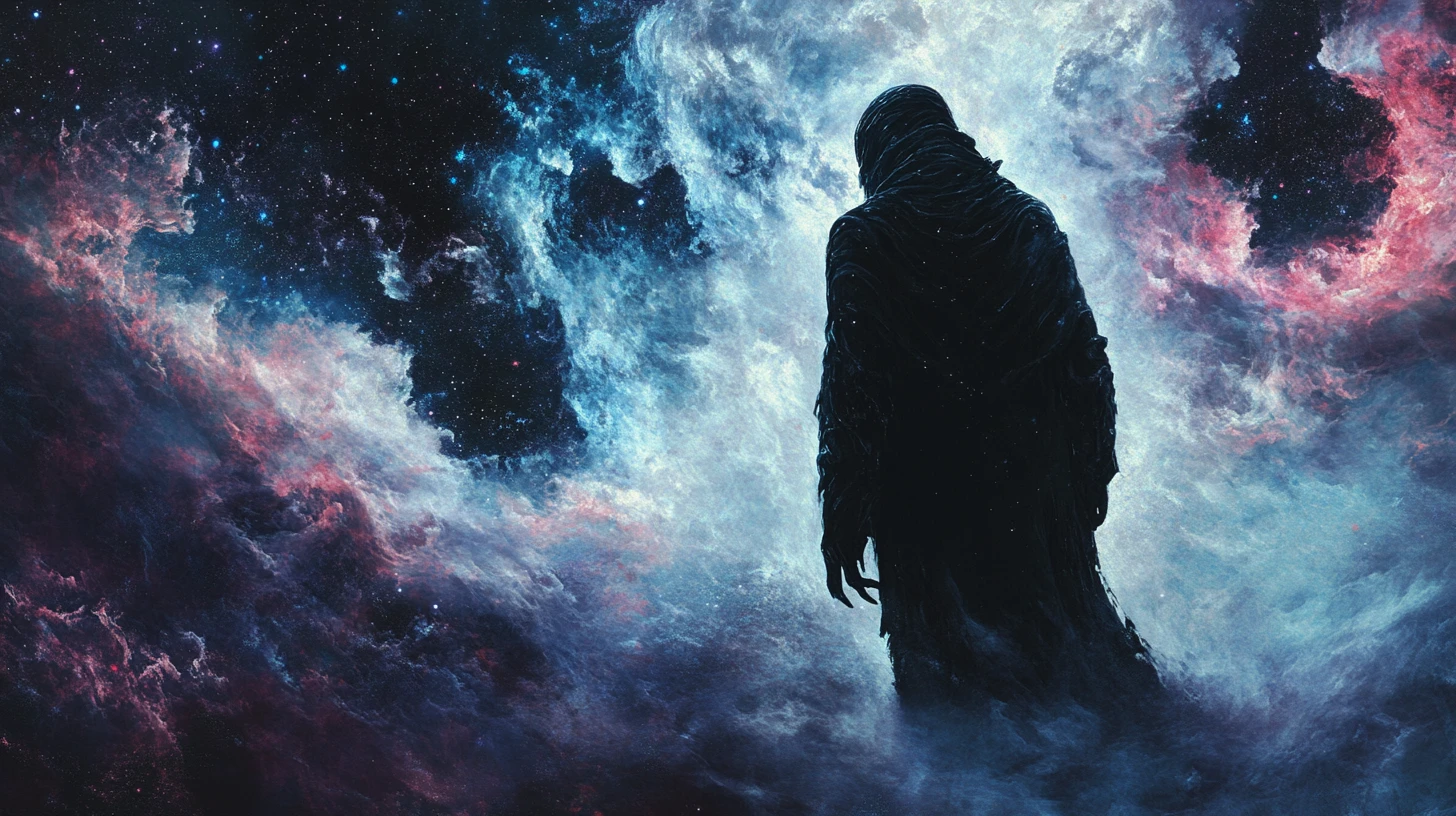Mago oscuro che lancia magie tra vortici di polvere cosmica