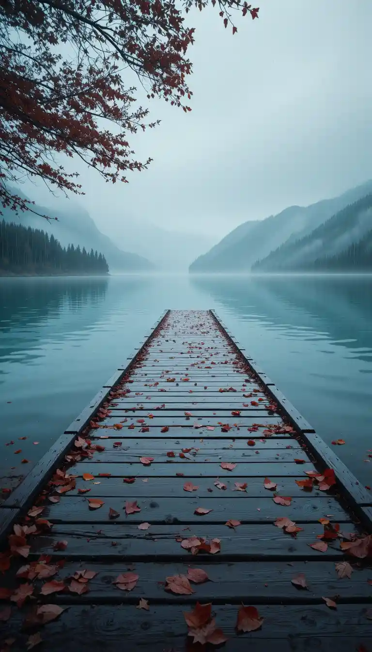 Wet wooden lakeside walkway in foggy rainy weather
